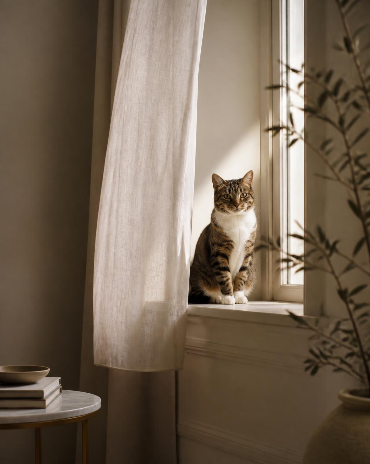 Cat resting on a sunlit windowsill beside a linen curtain