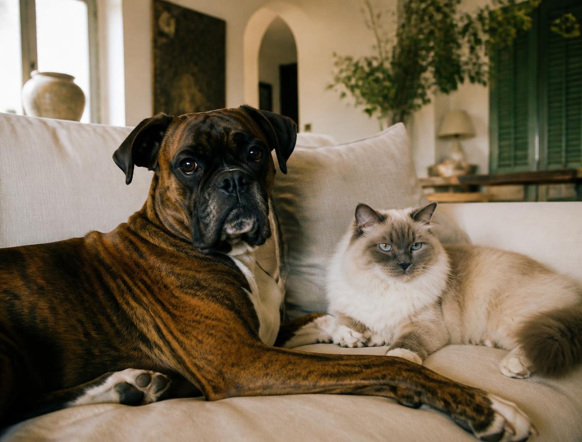 Brindle boxer dog and ragdoll cat resting together on a cream linen sofa